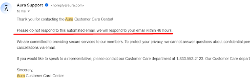 A snapshot of an email response telling me to expect a response in 48 hours