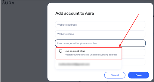 A snapshot showing Aura password manager suggesting an Alias email