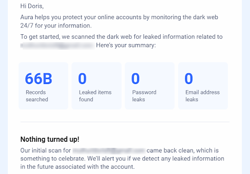 A screenshot of an email response showing that none of my passwords or data were compromised