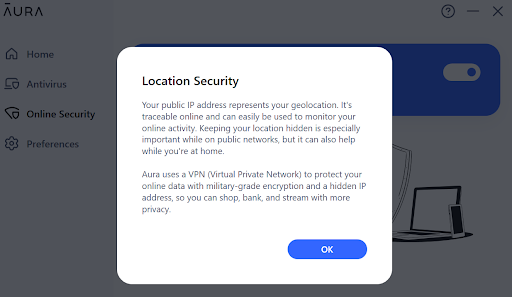 A screenshot showing Aura’s VPN feature activated