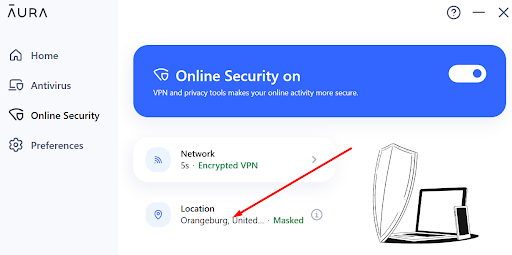 A snapshot showing Aura VPN connected to a server in Orangeburg, US